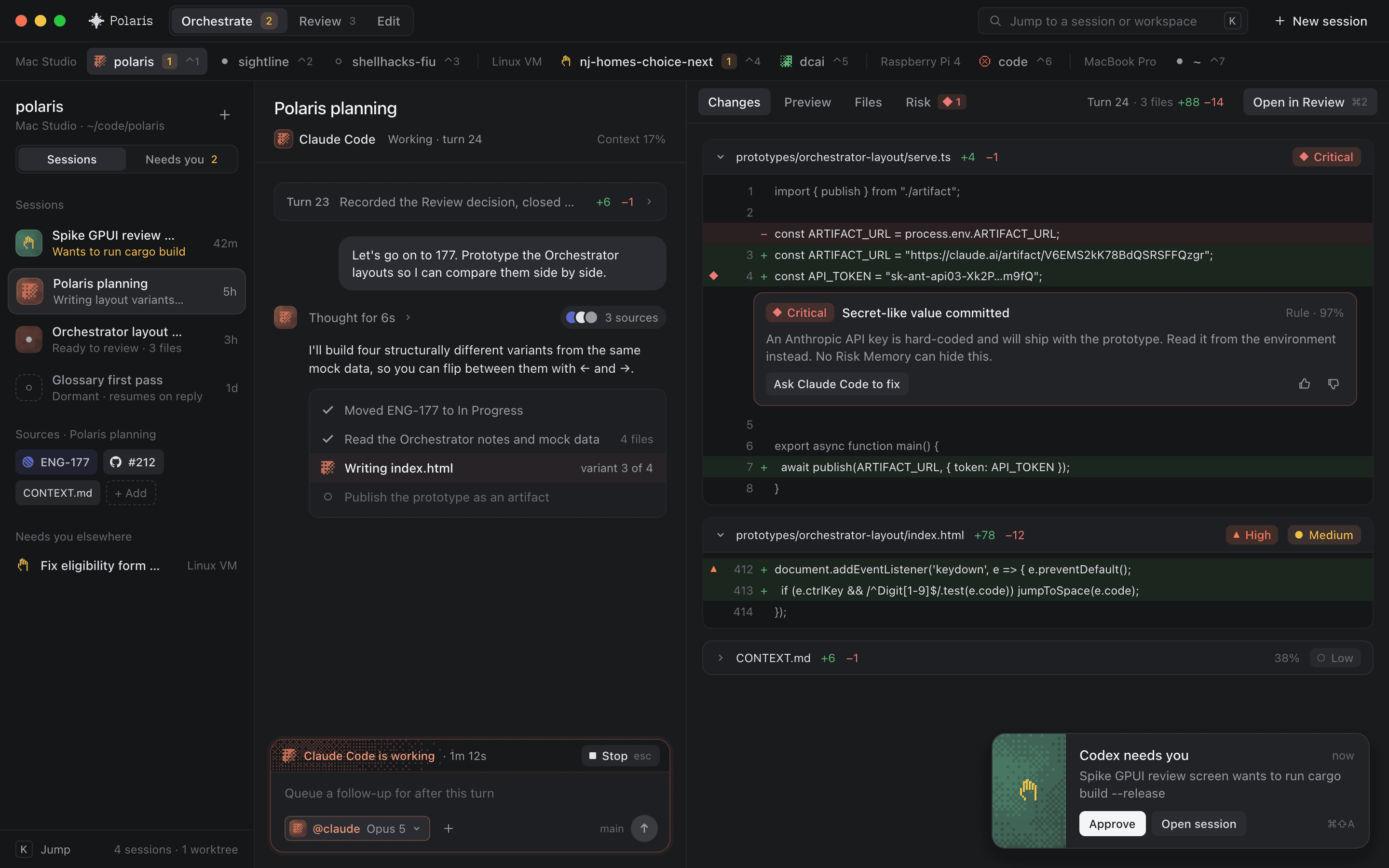 The Polaris Orchestrator: agent sessions on several hosts, one asking for approval, beside a review of its changes.