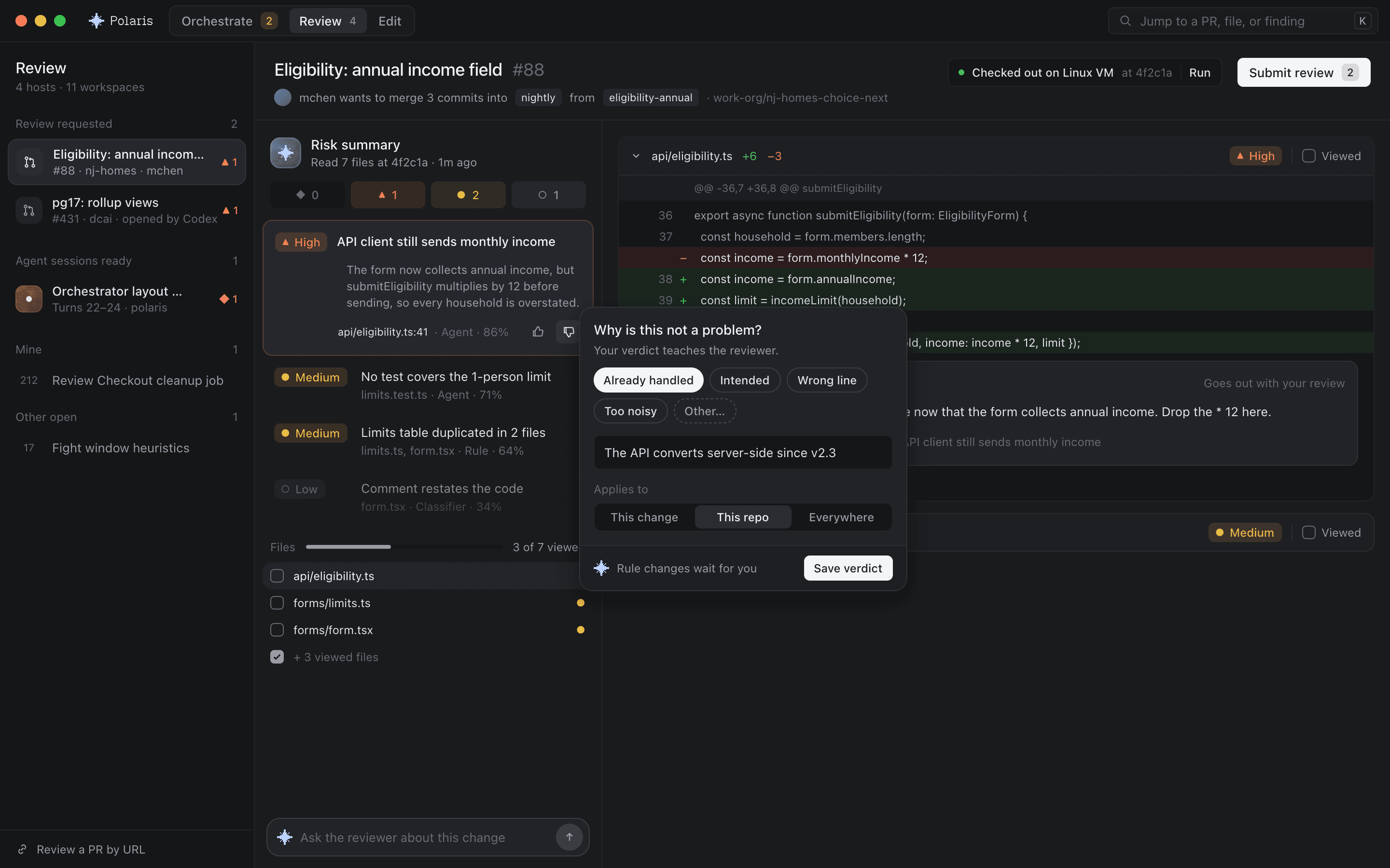 A review with ranked findings beside the diff they point at.
